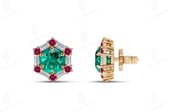 Lab Grown Emerald Stud Earrings For Women 925 Silver Emerald Minimalist Studs Art Deco Green Gemstone Earrings Unique Halo Style Dainty Stud