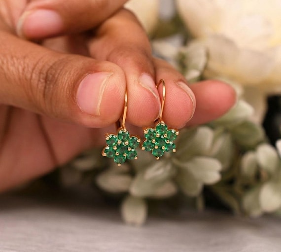 Emerald Leverback Earrings: Sterling Silver, 14k Gold Earring, Anniversary Gifts, Birthstone Earring
