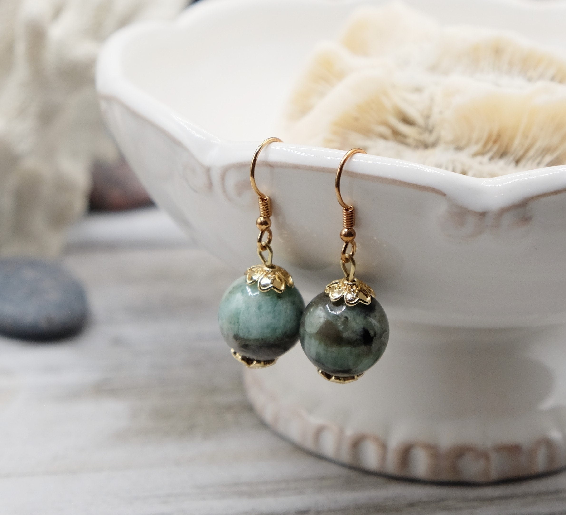 Emerald Natural 10mm A+++ African Gold Plated Dangle Earrings
