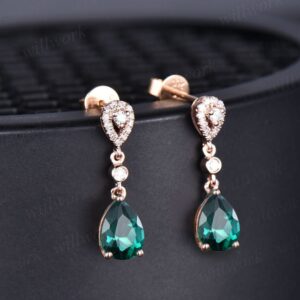 Pear shaped green emerald earrings solid 14k rose gold halo diamond drop earrings women bridal anniversary gift for her jewelry