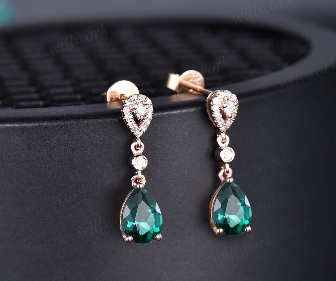 Pear Shaped Green Emerald Earrings Solid 14k Rose Gold Halo Diamond Drop Earrings Women Bridal Anniversary Gift For Her Jewelry Pear Shaped Green Emerald Earrings Solid 14k Rose Gold Halo Diamond Drop Earrings Women Bridal Anniversary Gift For Her Jewelry