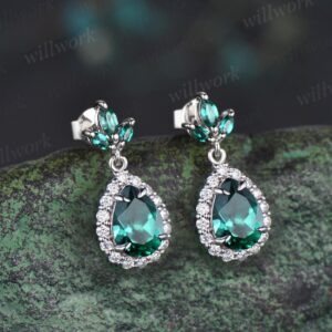 Pear teardrop cut green emerald earrings solid 14k white gold vintage leaf marquise emerald drop earrings women anniversary gift jewelry