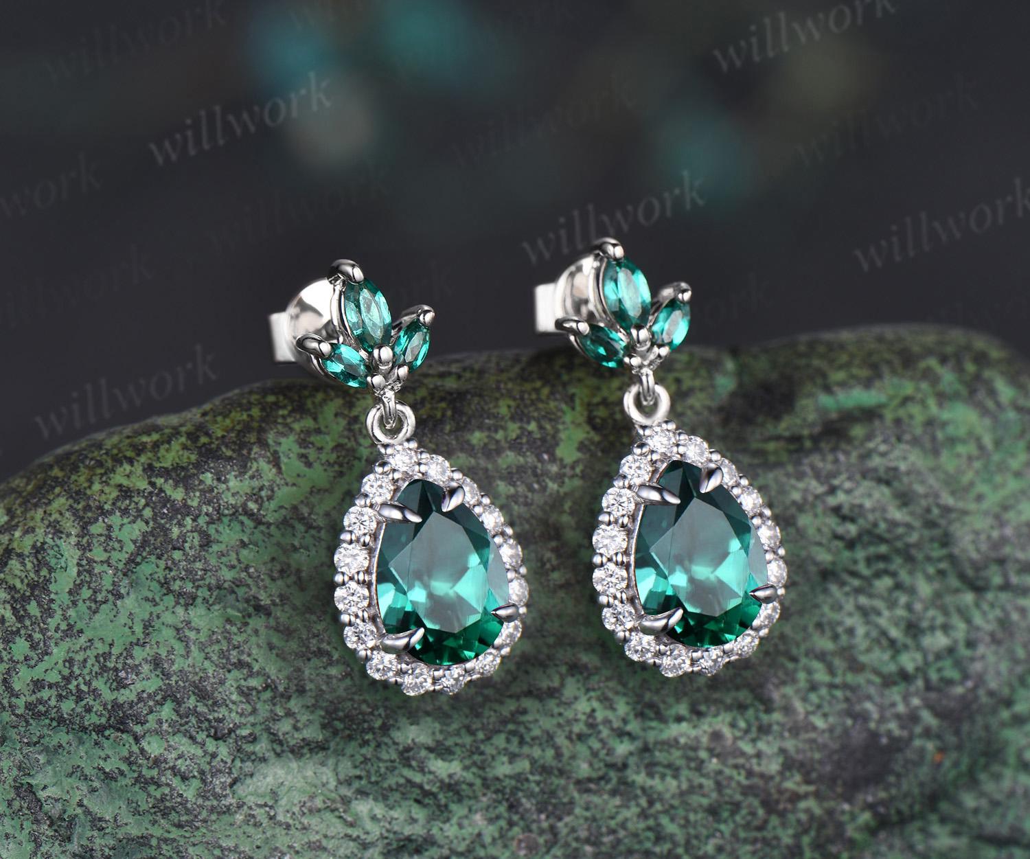 Pear Teardrop Cut Green Emerald Earrings Solid 14k White Gold Vintage Leaf Marquise Emerald Drop Earrings Women Anniversary Gift Jewelry