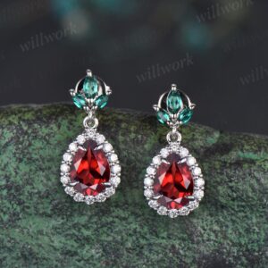 Pear teardrop cut green emerald earrings solid 14k white gold vintage leaf marquise emerald drop earrings women anniversary gift jewelry