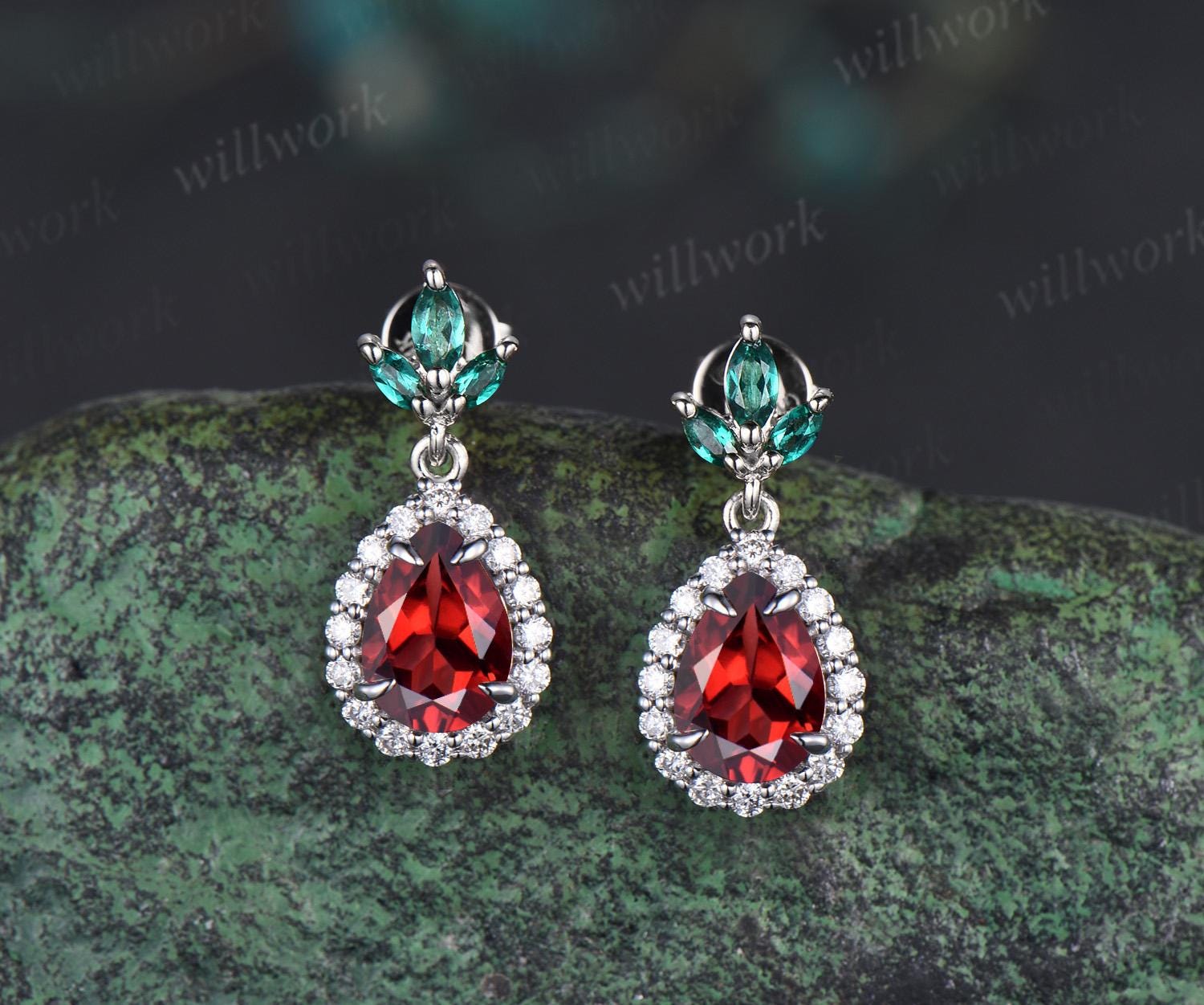 Pear Teardrop Cut Green Emerald Earrings Solid 14k White Gold Vintage Leaf Marquise Emerald Drop Earrings Women Anniversary Gift Jewelry