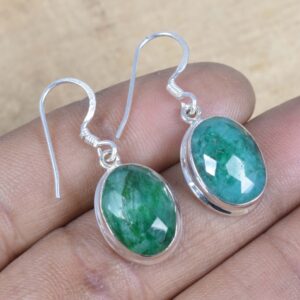 Emerald Sterling Silver Hook Earrings: Handmade Oval Gemstone Jewelry