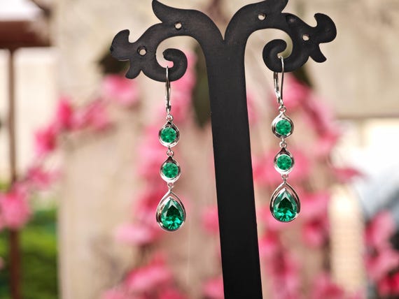 Unique Emerald Wedding Earrings For Women 925 Silver Emerald Dangle Bridal Earrings Vintage Long Statement Earrings Women Anniversary Gift
