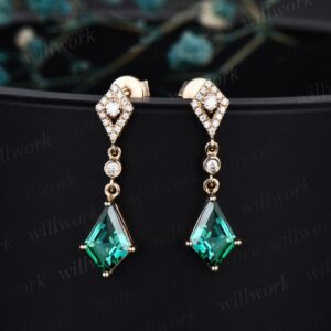 Vintage Kite Cut Green Emerald Earrings Solid 14k Yellow Gold Halo Diamond Drop Earrings Women May Birthstone Dainty Anniversary Gift Her