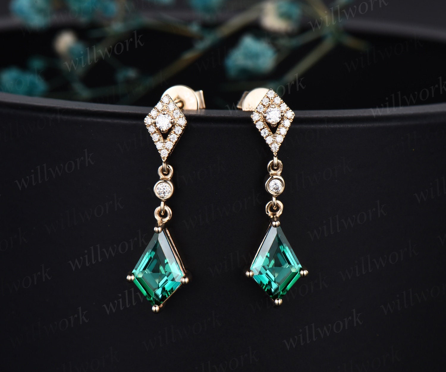 Vintage Kite Cut Green Emerald Earrings Solid 14k Yellow Gold Halo Diamond Drop Earrings Women May Birthstone Dainty Anniversary Gift Her