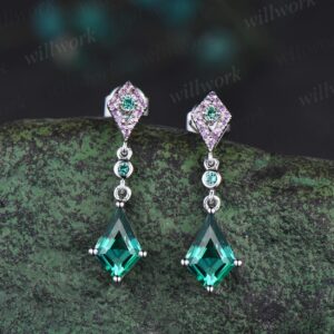 Vintage kite cut green emerald earrings solid 14k white gold halo amethyst drop earrings women dainty  anniversary gift for her