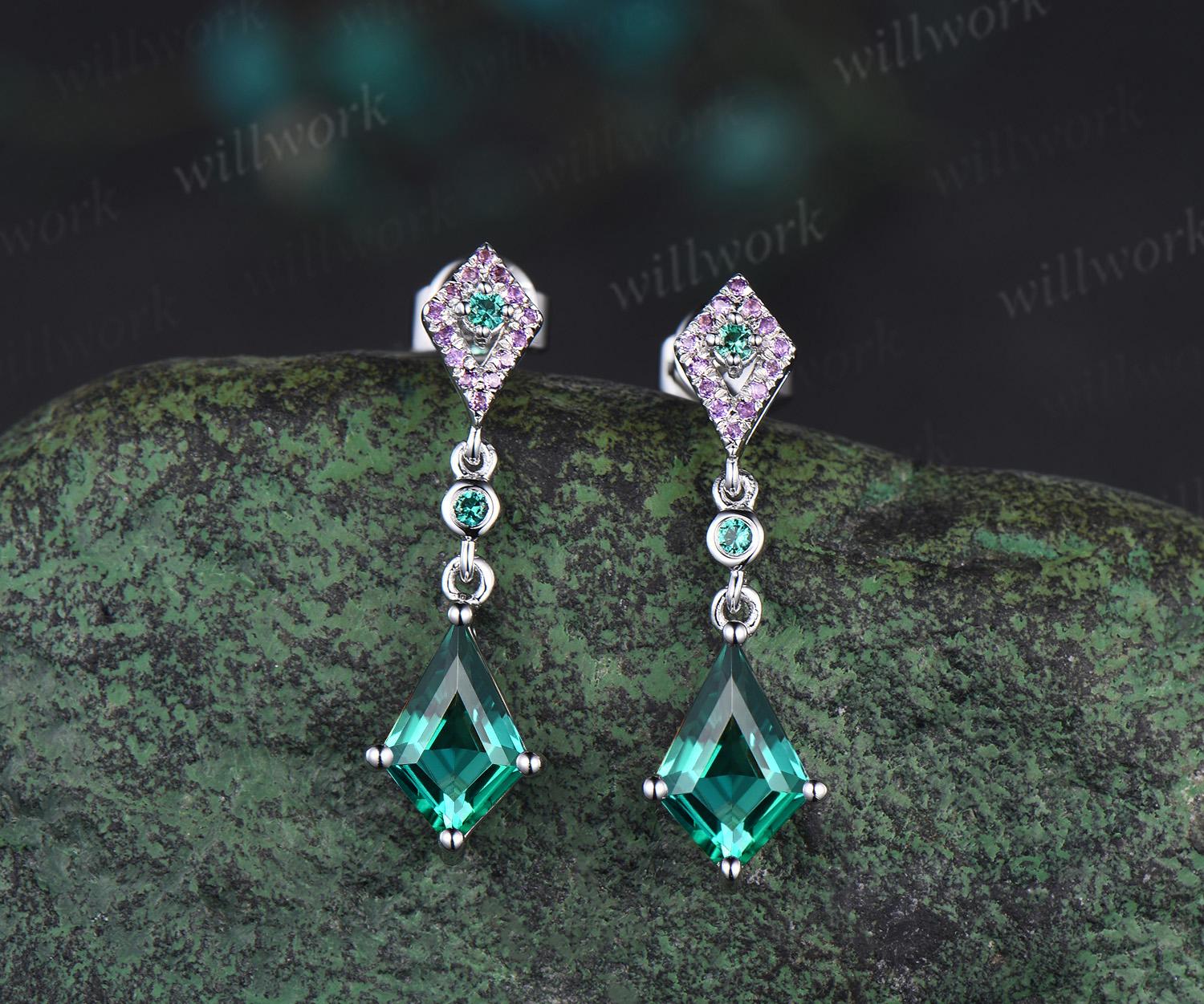 Vintage Kite Cut Green Emerald Earrings Solid 14k White Gold Halo Amethyst Drop Earrings Women Dainty Anniversary Gift For Her
