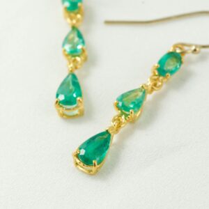Yellow Gold Emerald Drop Earrings: Raw Green Gemstone, May Birthstone