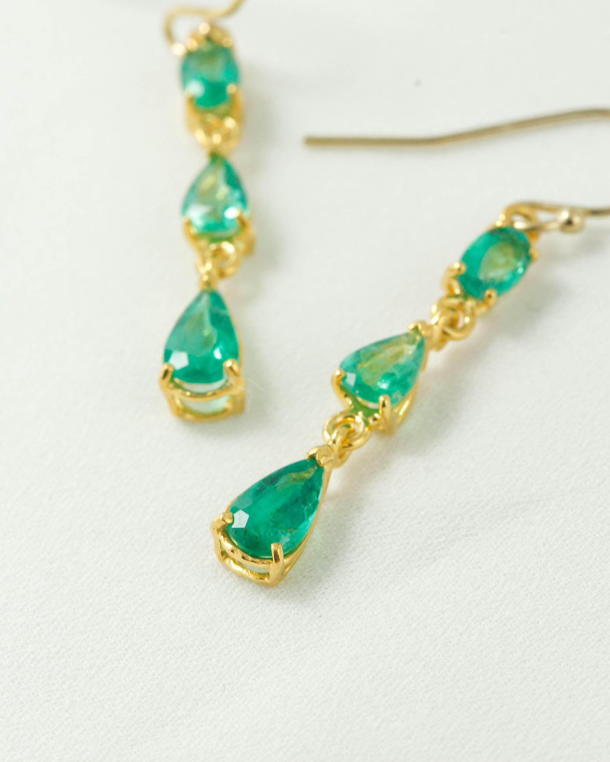 Yellow Gold Emerald Drop Earrings: Raw Green Gemstone, May Birthstone