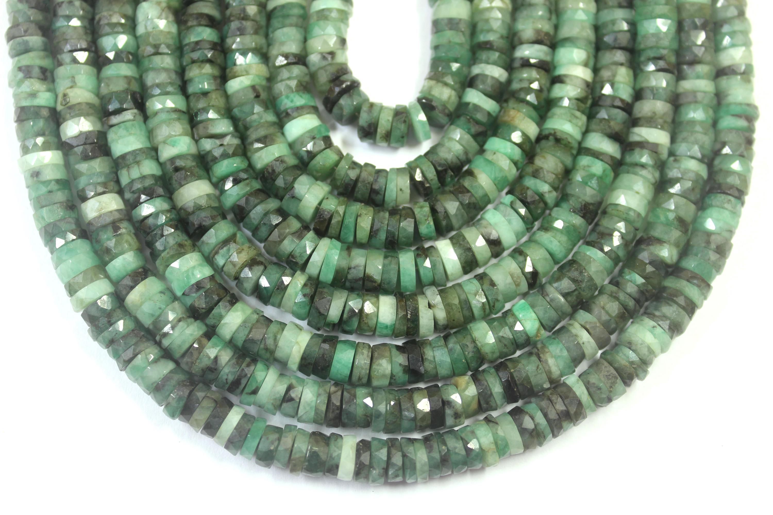 Faceted Emerald Tyre Beads: Natural Green Gemstone Strand (6-6.5mm)