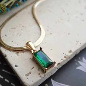 Emerald Baguette Necklace, Ethical Gemstone Necklace, Rectangle Emerald Necklace, Gold Herringbone Snake Chain, Crystal Layering Necklace