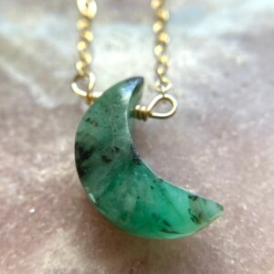 Emerald Crescent Moon Necklace: Sterling Silver or Gold Chain