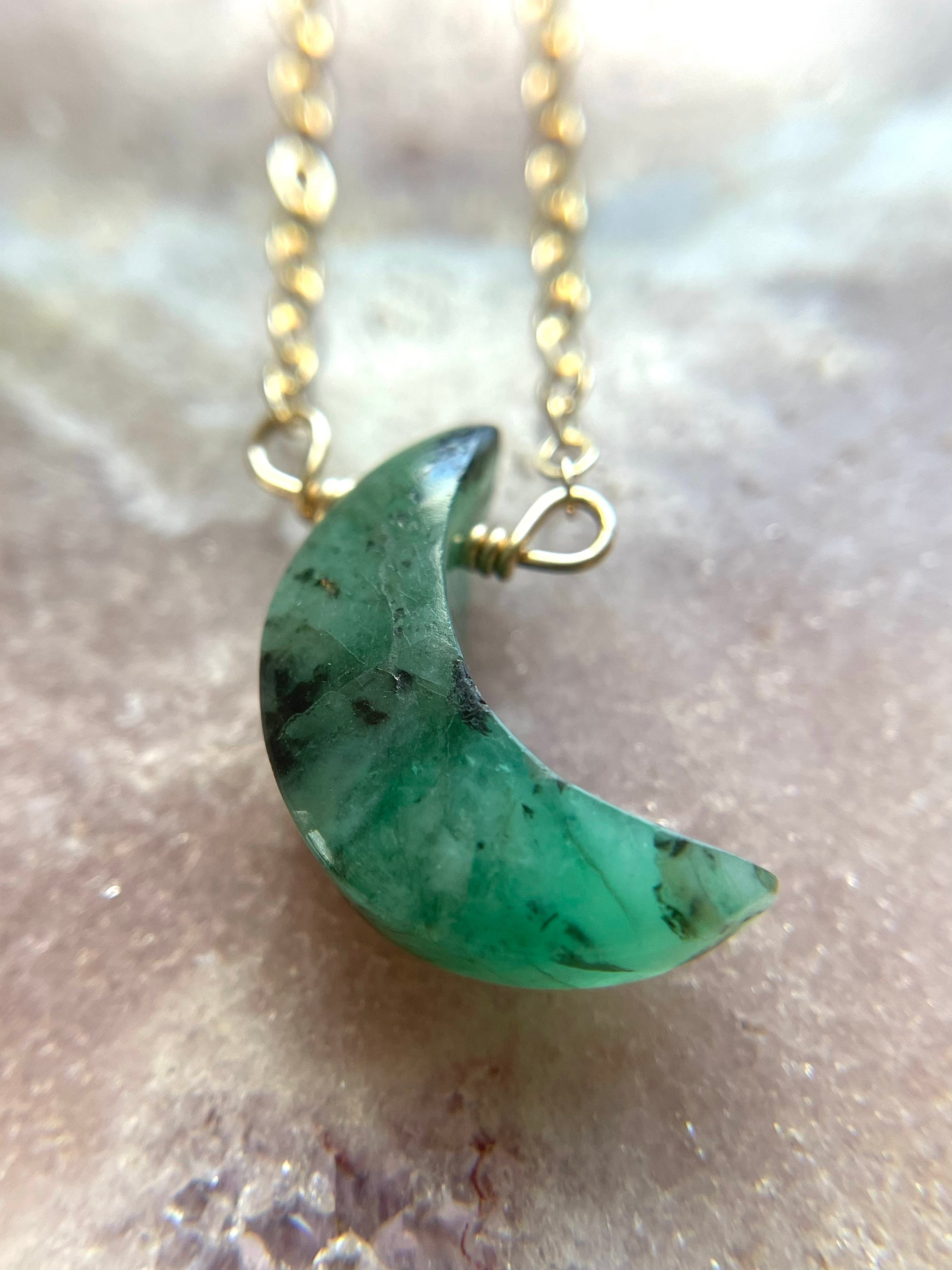 Emerald Crescent Moon Necklace: Sterling Silver Or Gold Chain