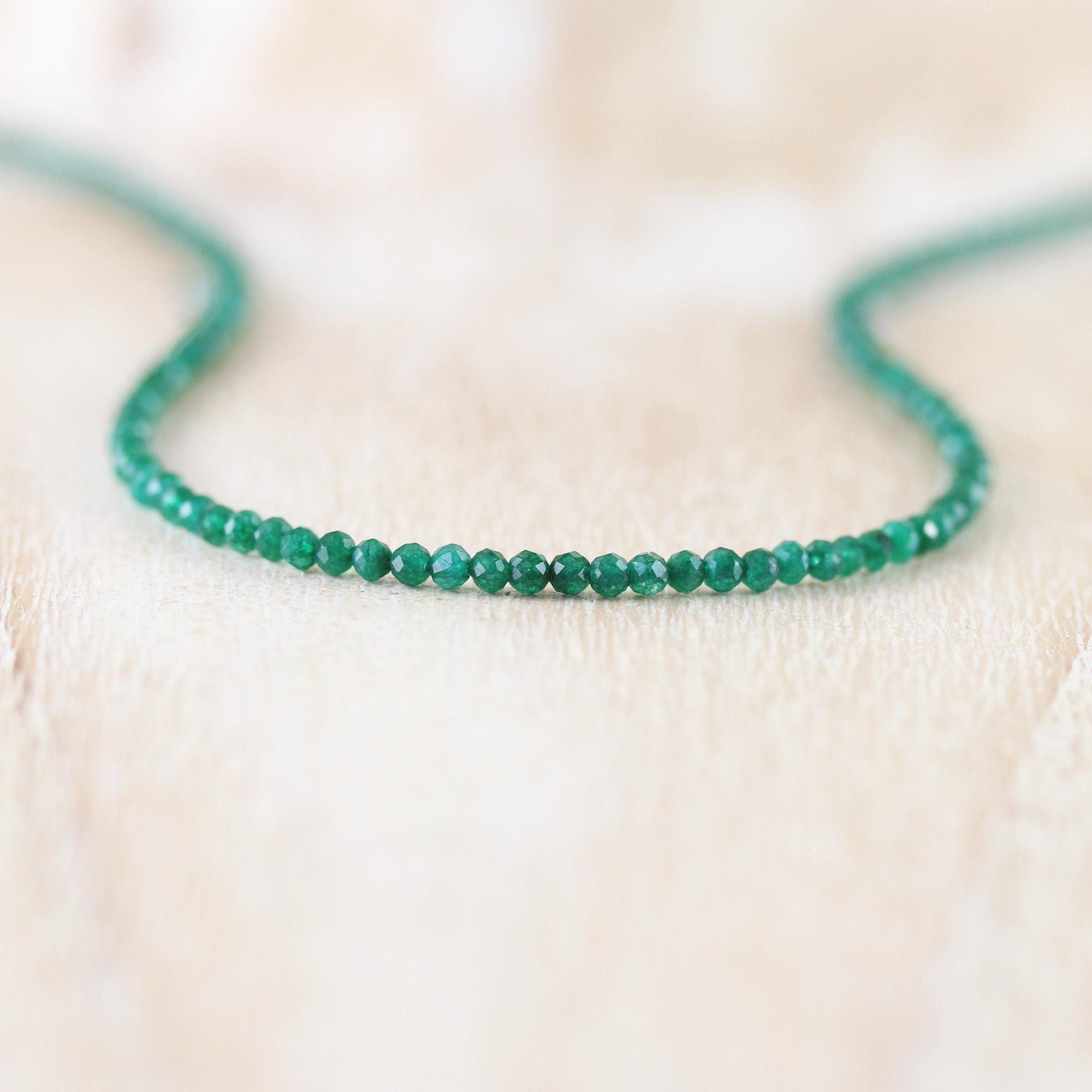 Emerald Delicate Beaded Necklace In Sterling Silver, Gold Or Rose Gold Filled, Dainty Tiny Gemstone Choker, Long Layering Necklace For Women
