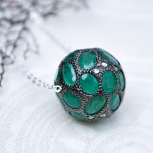 Emerald & Diamond Pave Ball Necklace: Oxidized Sterling Silver, May Birthstone