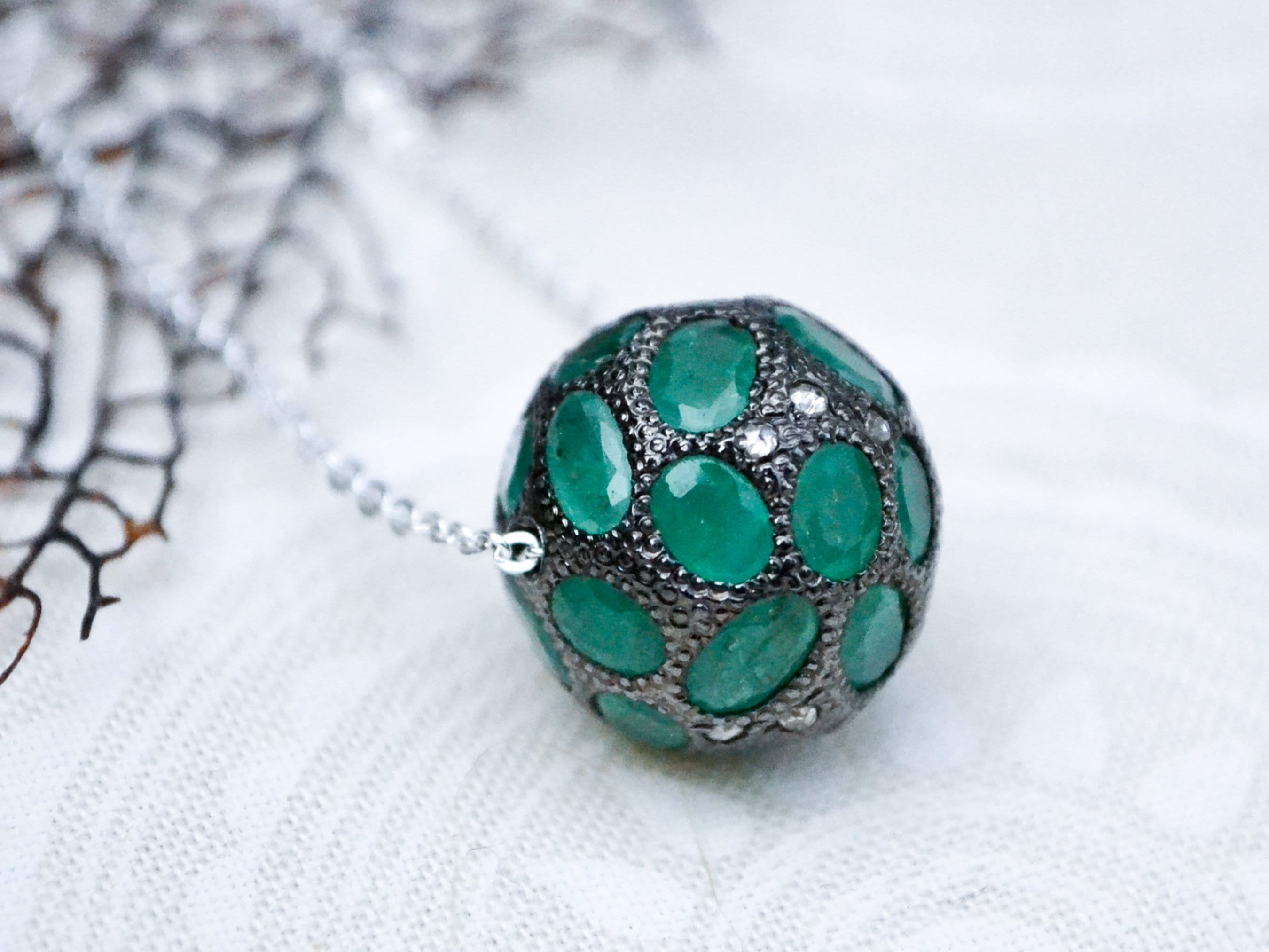 Emerald & Diamond Pave Ball Necklace: Oxidized Sterling Silver, May Birthstone