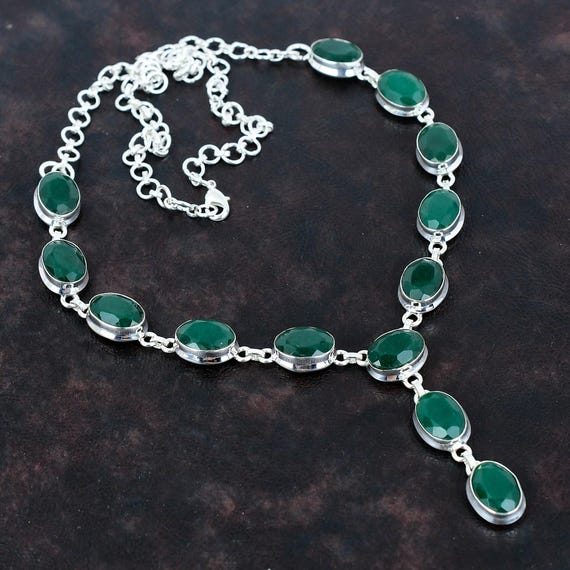 Faceted Zambian Emerald Necklace: Handmade 925 Sterling Silver Boho Jewelry