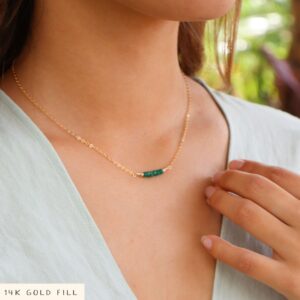 Green Emerald Precious Gemstone Beaded Bar Necklace. Tiny Sparkle Bead Necklace. Real Genuine May Birthstone Necklace Gift For Bridesmaids.