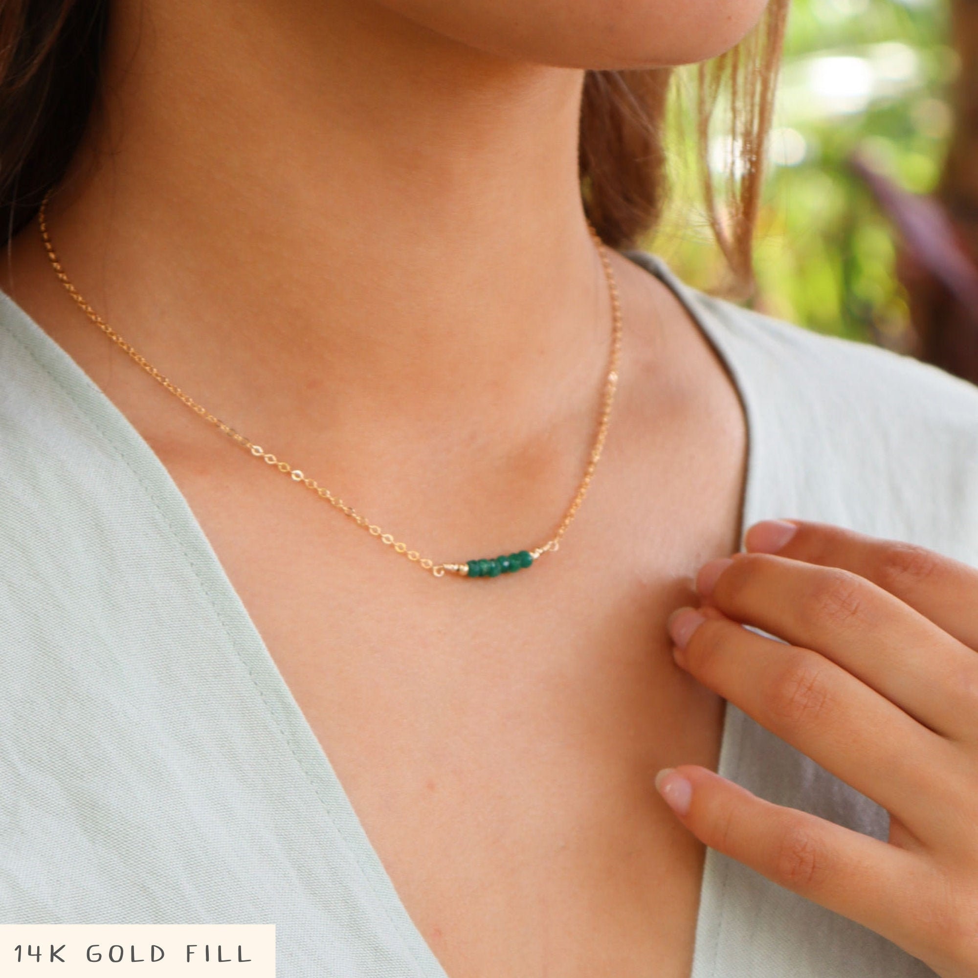 Green Emerald Precious Gemstone Beaded Bar Necklace. Tiny Sparkle Bead Necklace. Real Genuine May Birthstone Necklace Gift For Bridesmaids.