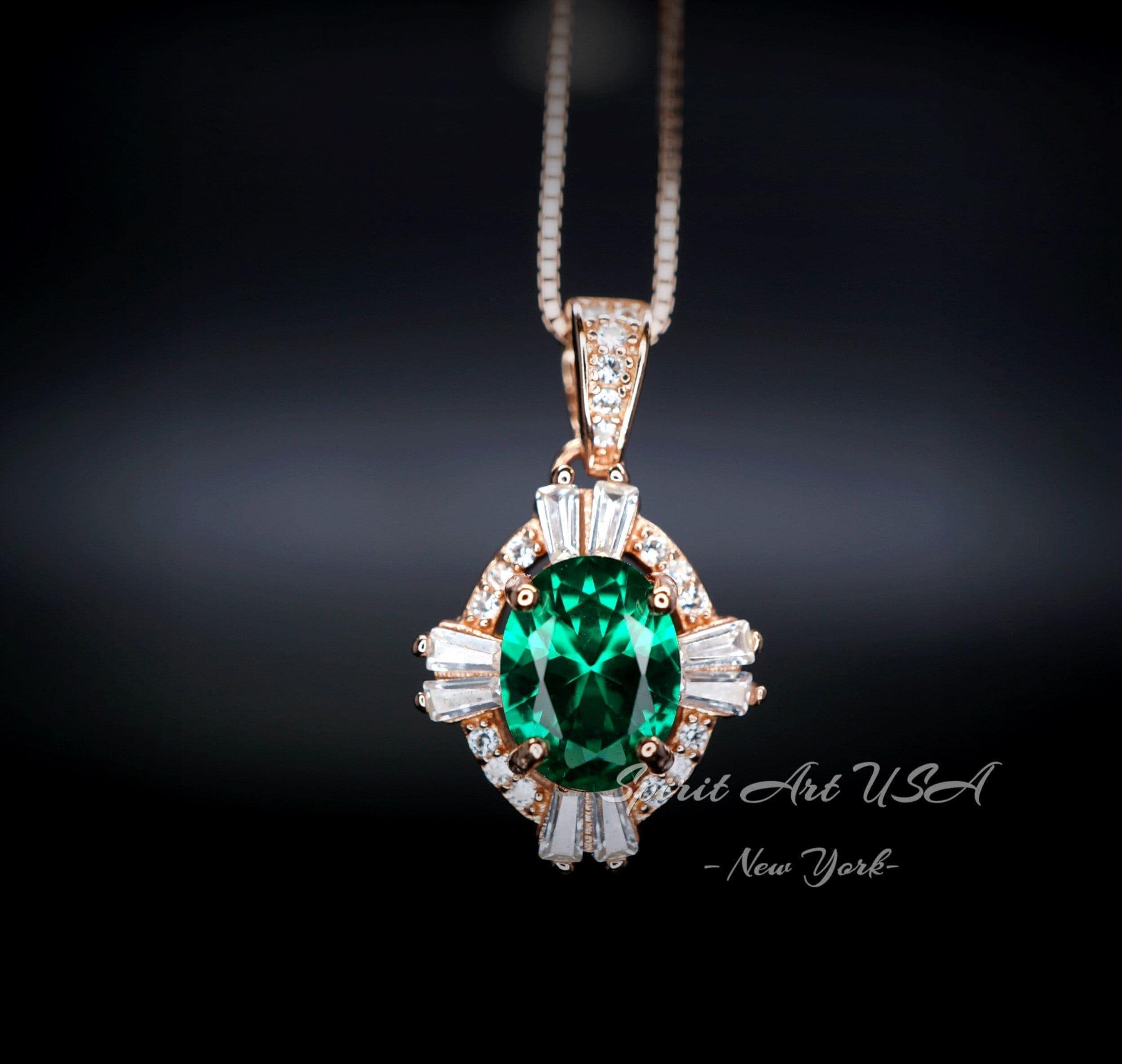 Green Emerald Necklace, Rose Gold Coating 925 Sterling Silver Box Chain, Green Stone Emerald Jewelry #128