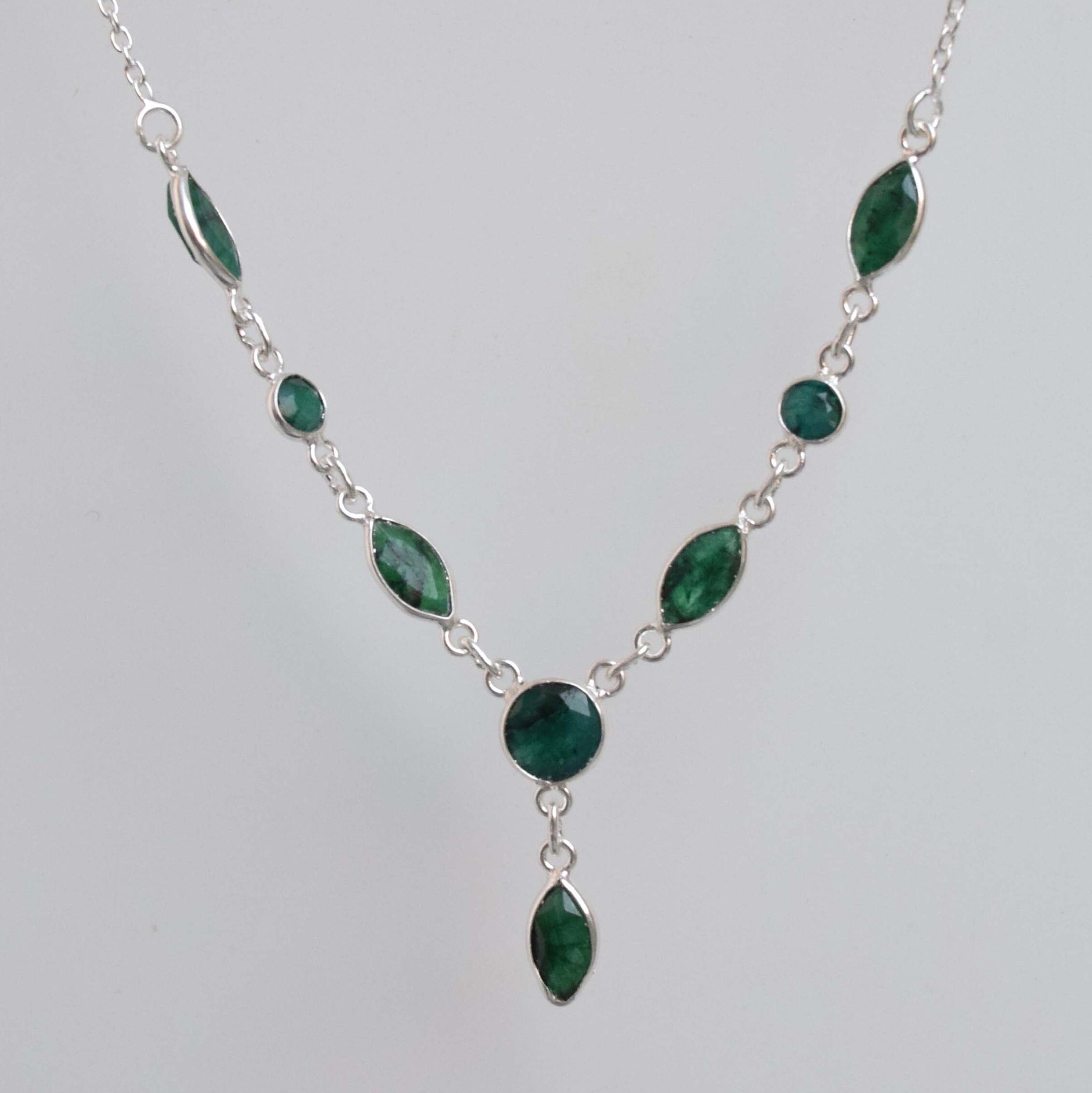 Green Emerald Sterling Silver Chain Necklace: Handmade Marquise Round Jewelry