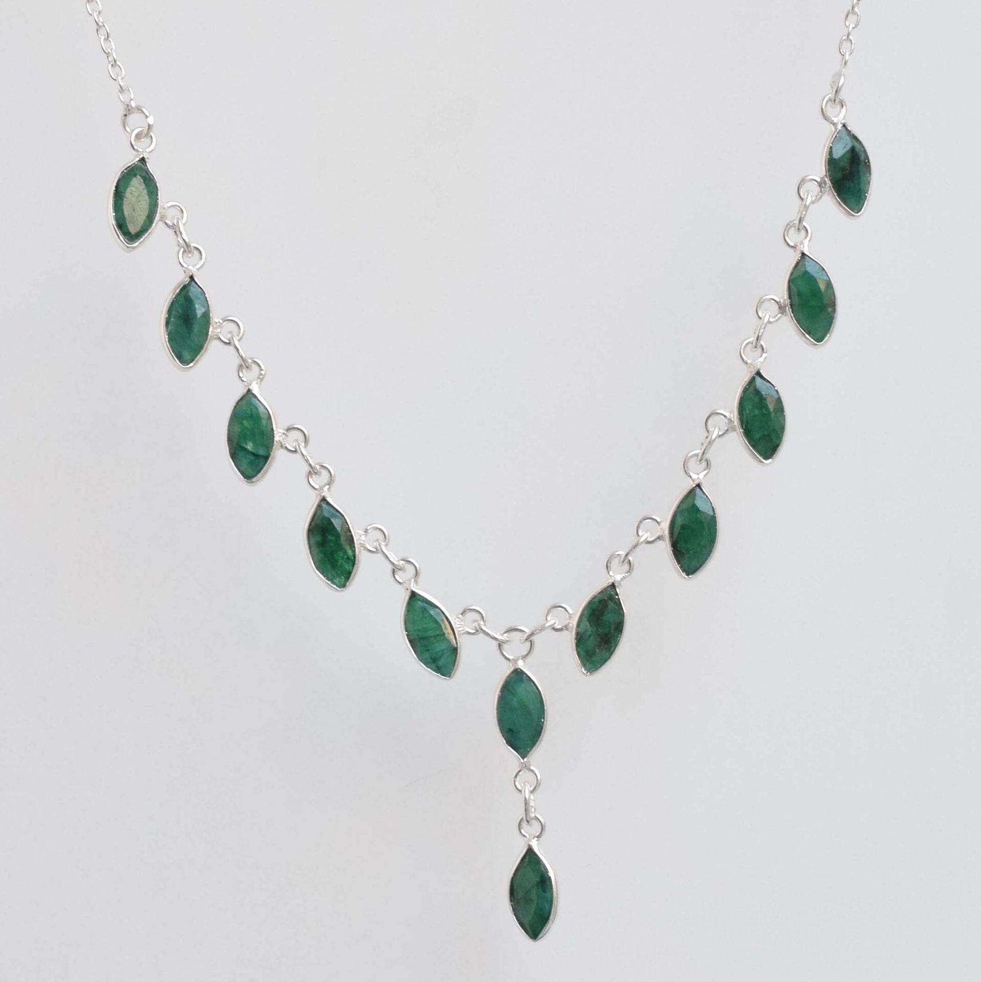 Green Emerald Sterling Silver Necklace: Handmade Marquise Gemstone Chain