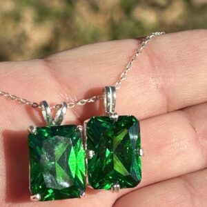 Hand Cut Large Emerald Necklace / Lab Grown /.925 Sterling Silver / Huge 10 To 18 Ct 1/2 T0 3/4 Inch /dangle About 1 Inch / May / Flawless