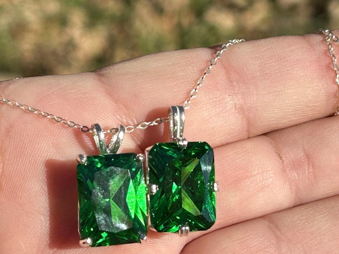Hand Cut Large Emerald Necklace / Lab Grown /.925 Sterling Silver / Huge 10 To 18 Ct 1/2 T0 3/4 Inch /dangle About 1 Inch / May / Flawless