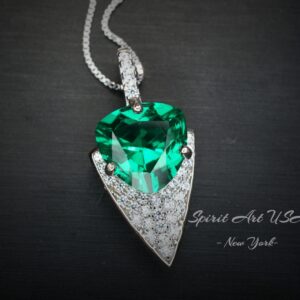 Large Trillion Cut Emerald Necklace - 18kgp Sterling Silver - Protective Queen's Guard Sword - May Birthstone #763