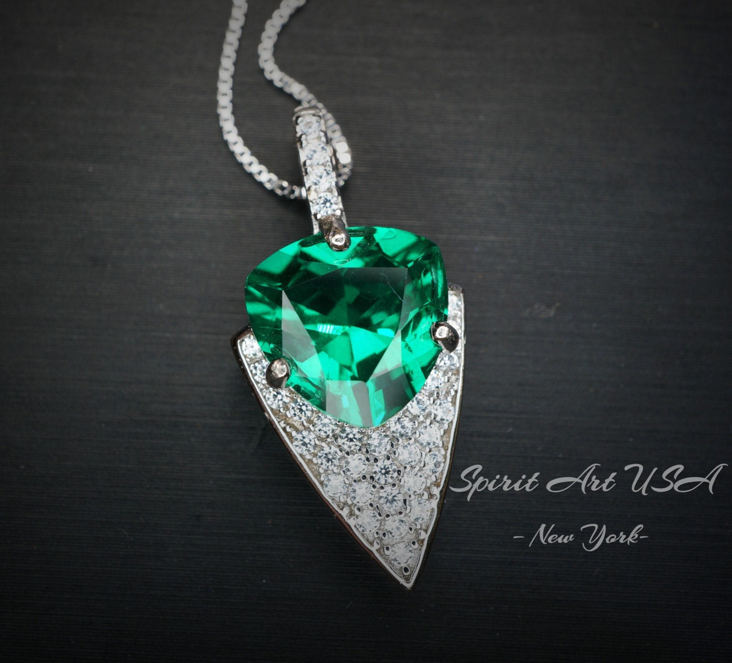 Large Trillion Cut Emerald Necklace - 18kgp Sterling Silver - Protective Queen's Guard Sword - May Birthstone #763