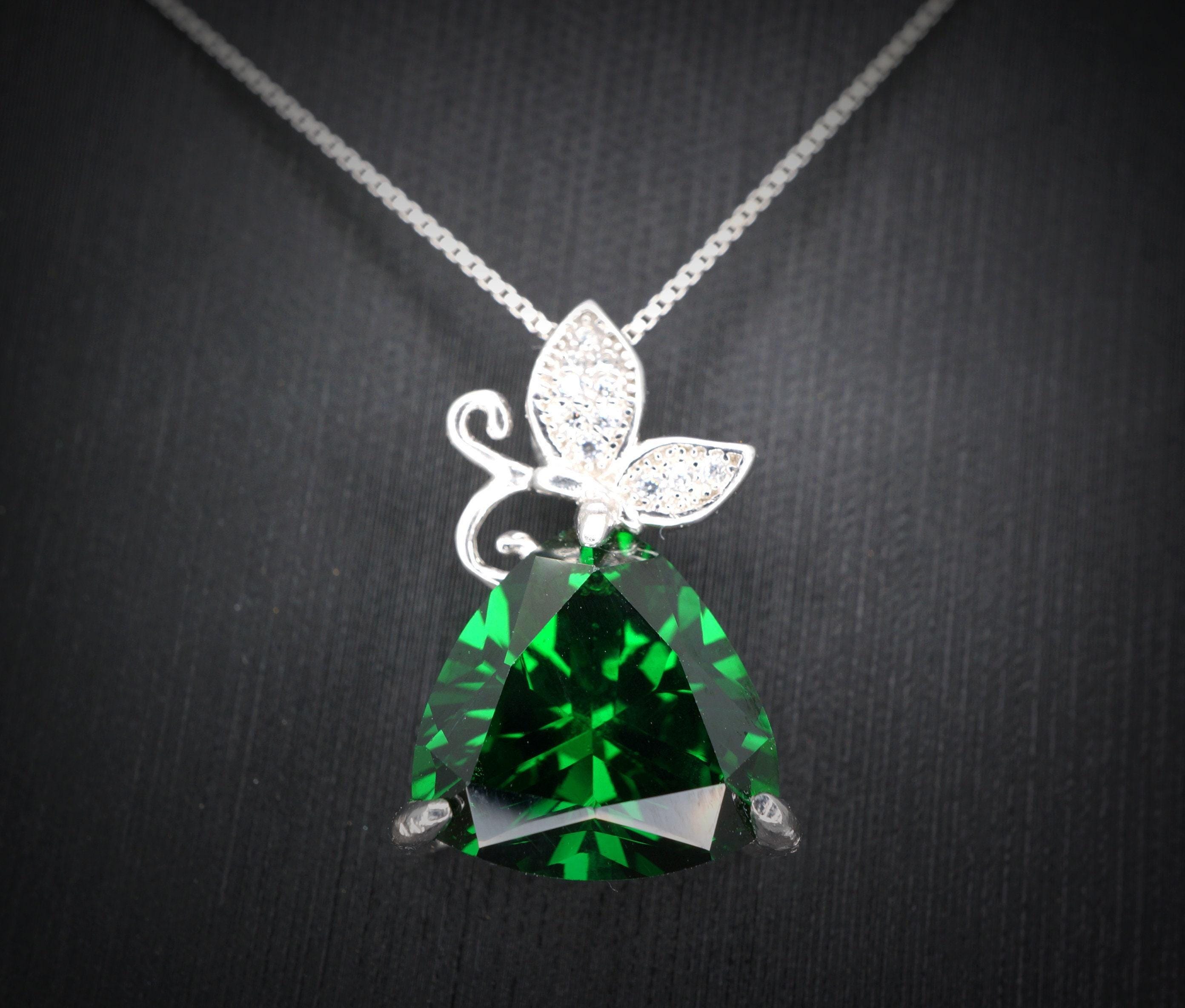 Large Trillion Emerald Necklace - Sterling Silver Butterfly Bail Necklace - Large 6 Ct May Birthstone - Triangle Green Emerald Jewelry #635