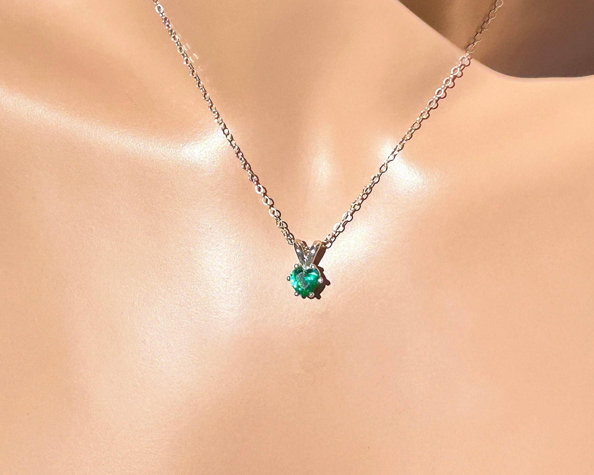 Minimalist Heart Emerald Necklace / Sterling Silver / Lab Grown / .85 Carat Tiny 6 Mm Heart Emerald / May/ August