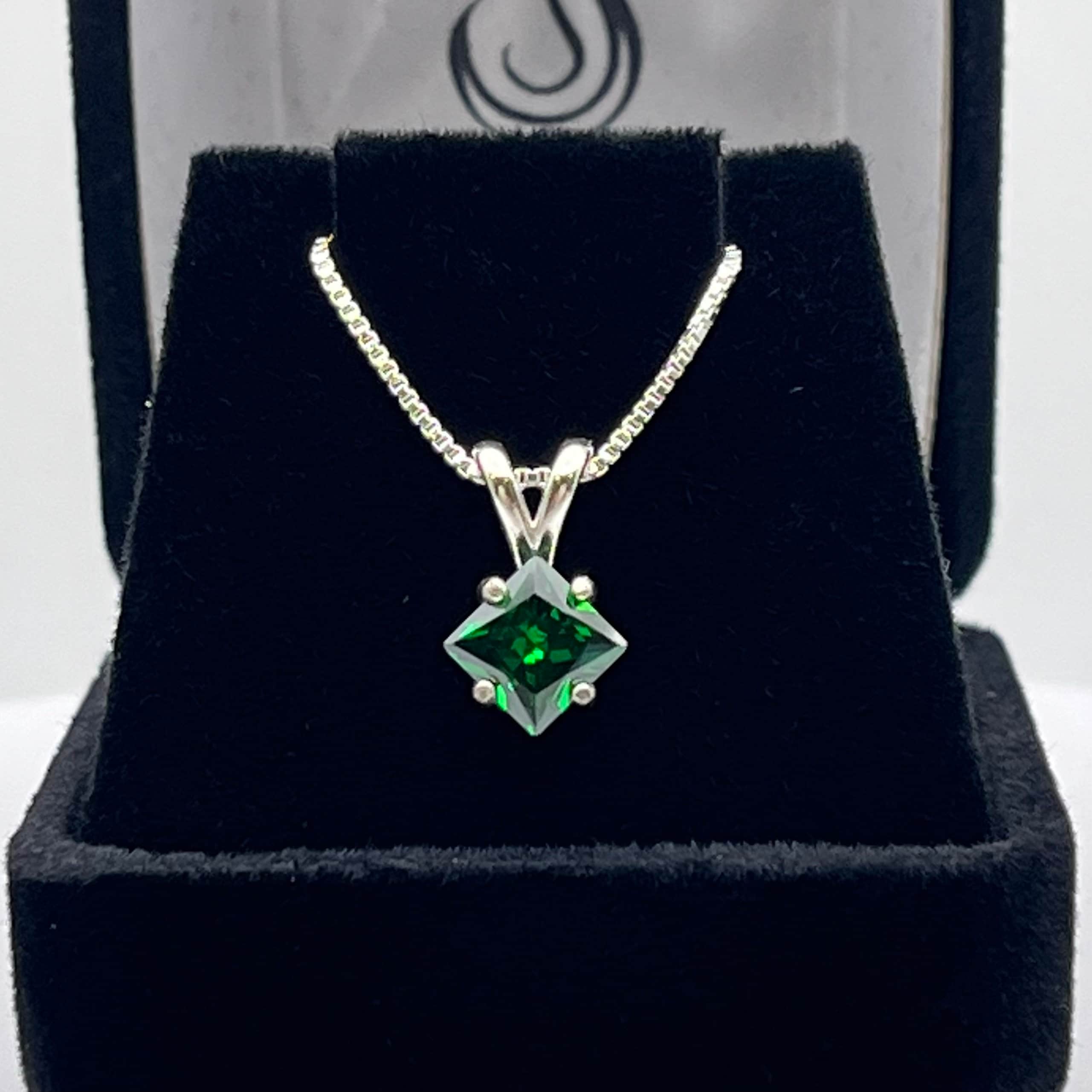 Princess Cut Emerald Necklace, Sterling Silver May Birthstone
