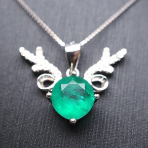 Emerald Necklace - Sterling Silver Deer Antler Necklace - 18kgp - 8 Mm 2 Ct Round Cut Green Emerald Jewelry #460