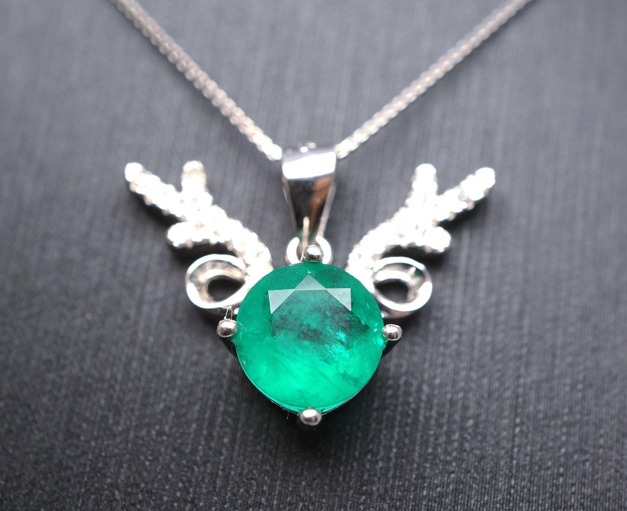 Emerald Necklace - Sterling Silver Deer Antler Necklace - 18kgp - 8 Mm 2 Ct Round Cut Green Emerald Jewelry #460