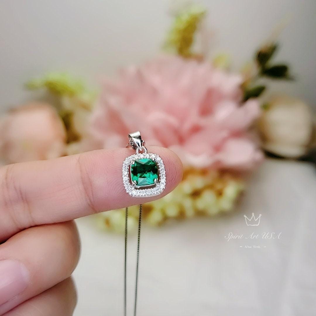 Tiny Square Green Emerald Necklace Sterling Silver May Birthstone 6 Mm Emerald Jewelry 043