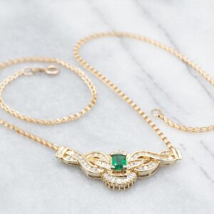 Vintage Emerald Flower Necklace, Diamond Halo, 14K Yellow Gold