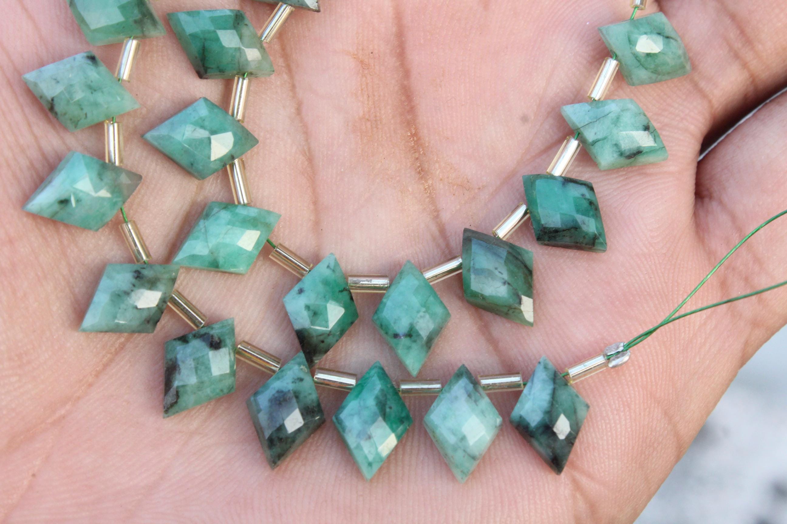 Natural Zambian Emerald Gemstone Faceted Fancy Briolette Beads | 10-piece Rhombus-shaped Beads | Size—8x12 Mm | Precious Gems Beads [0272]