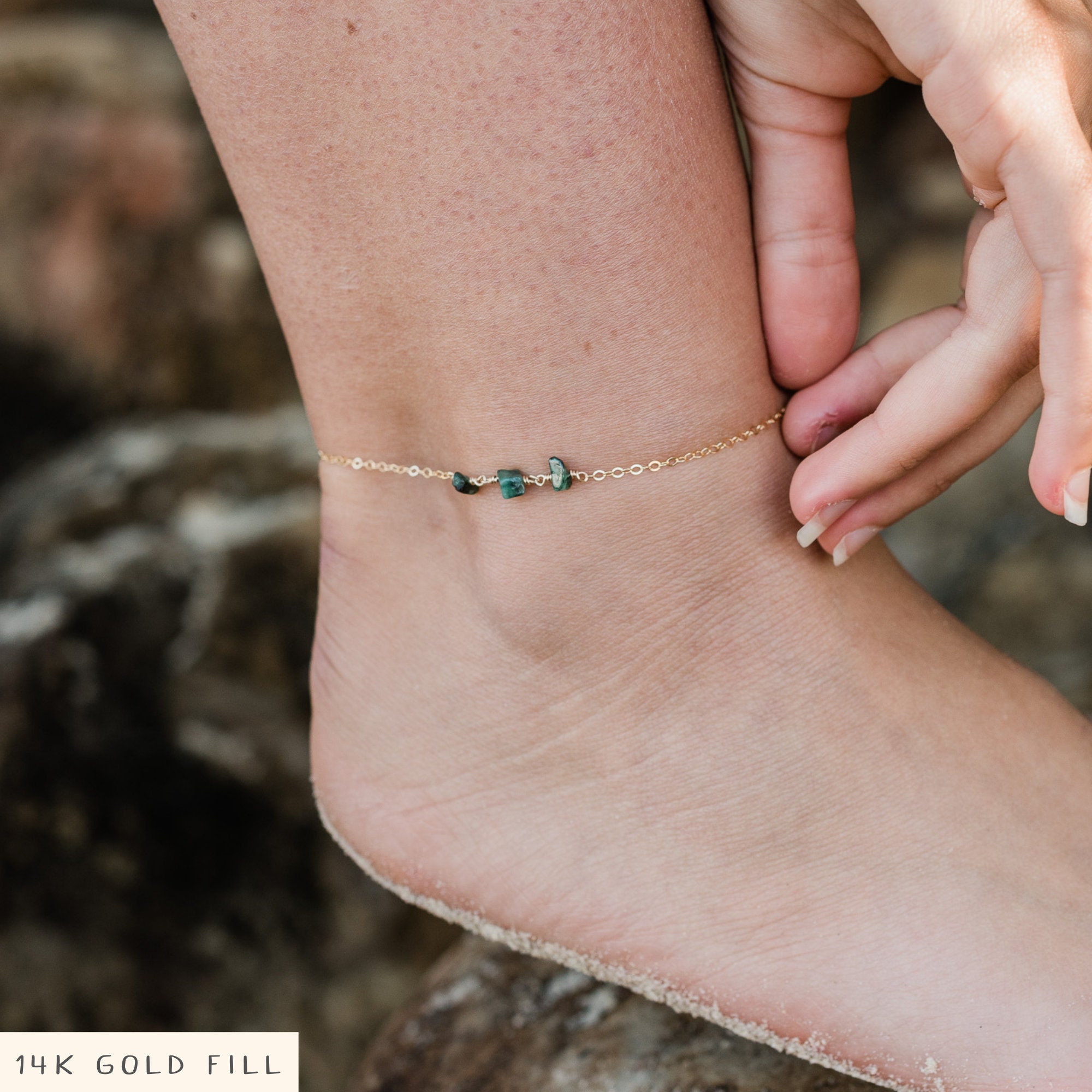 Emerald Rosary Anklet, Wire Wrapped Gemstone Beads, Boho Style