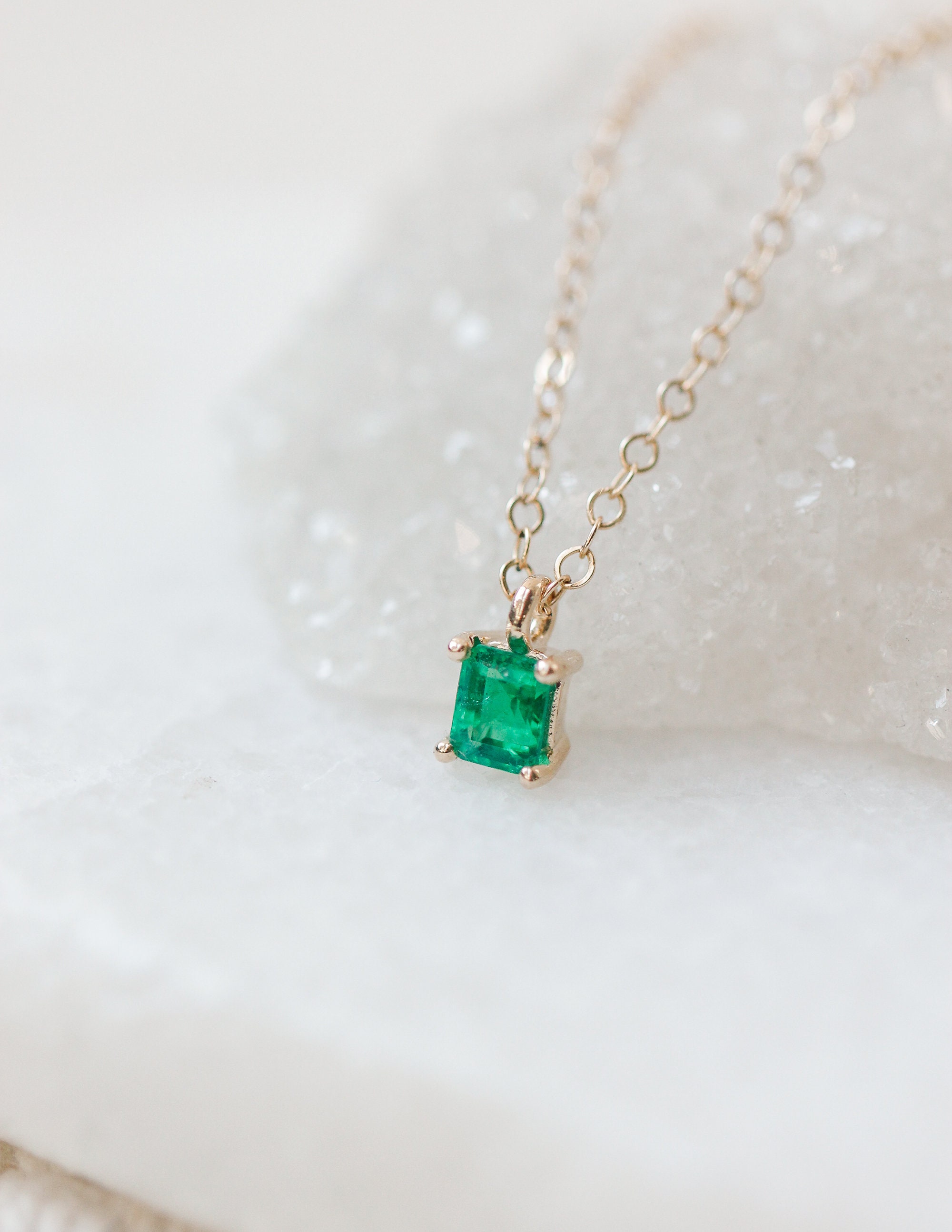 Emerald Pendant: 10k Yellow Gold, May Birthstone Necklace