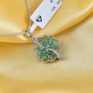 Emerald & Diamond Sterling Silver Pendant, Floral Design