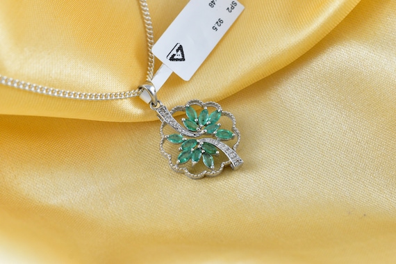 Emerald & Diamond Sterling Silver Pendant, Floral Design