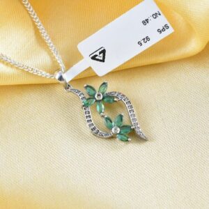 Emerald Diamond Sterling Silver Pendant, Natural Gemstone Necklace