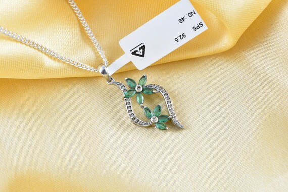 Emerald Diamond Sterling Silver Pendant, Natural Gemstone Necklace