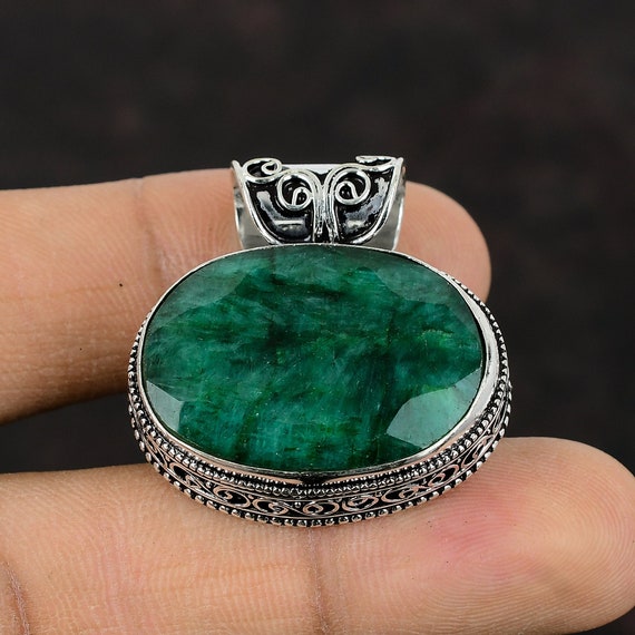 Faceted Zambian Emerald Pendant: Vintage 925 Sterling Silver, Handmade