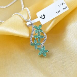 Emerald Flower Pendant Necklace, Sterling Silver, Genuine Diamonds